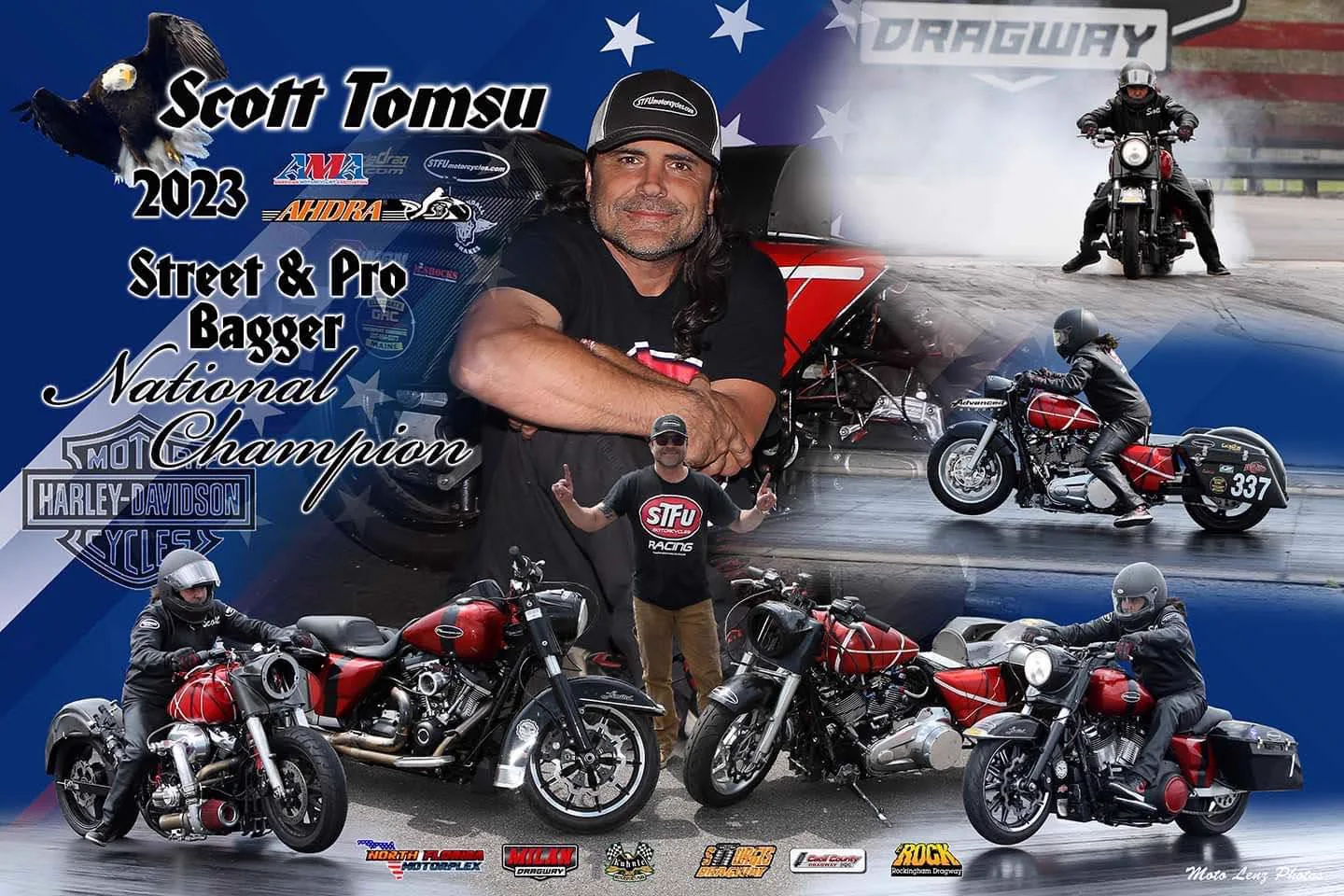 A graphic tribute showing Scott, his red race bikes, and the words 2023 Street and Pro Bagger National Champion