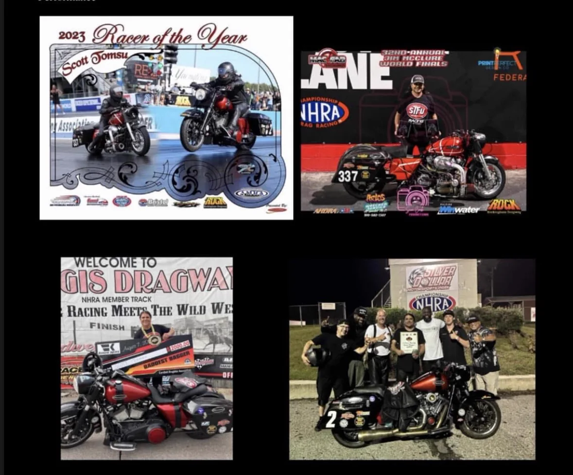 Collage of Scott's 2023 Racer of the Year award, championship finishes, winning checks, and bikes