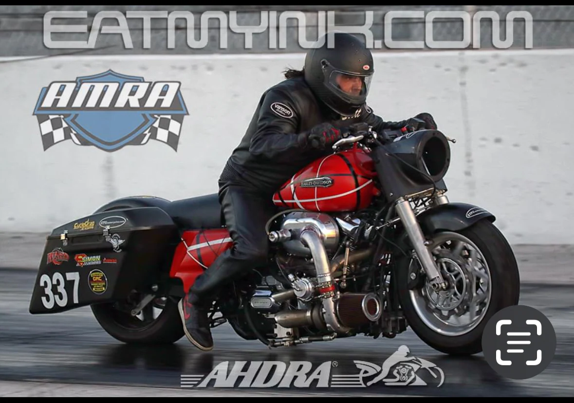 Scott racing Eddie, the red, black, and white number 337 turbo Road King, in an AMRA and AHDRA event graphic