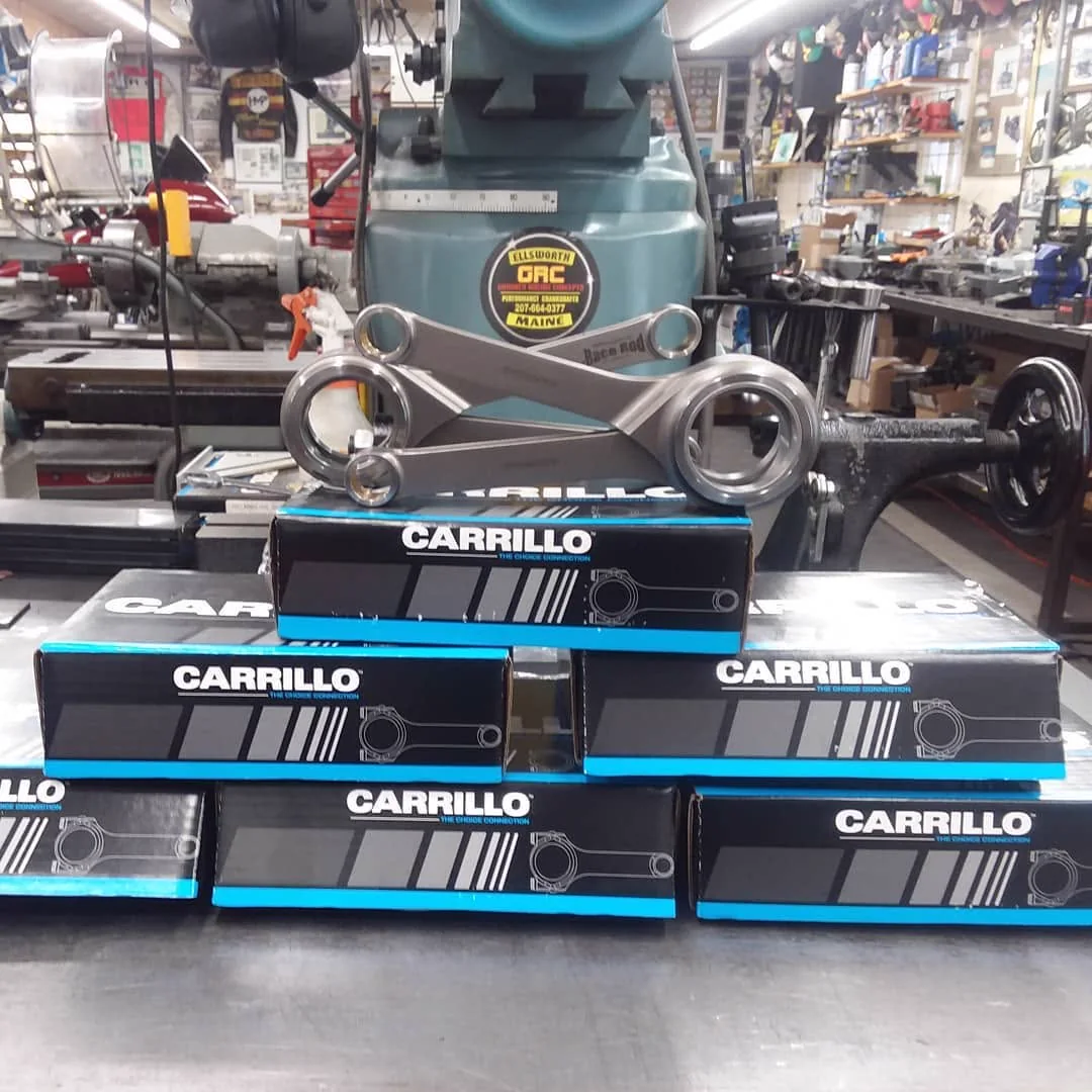 Custom Carrillo race connecting rods arranged in Scott's machine shop