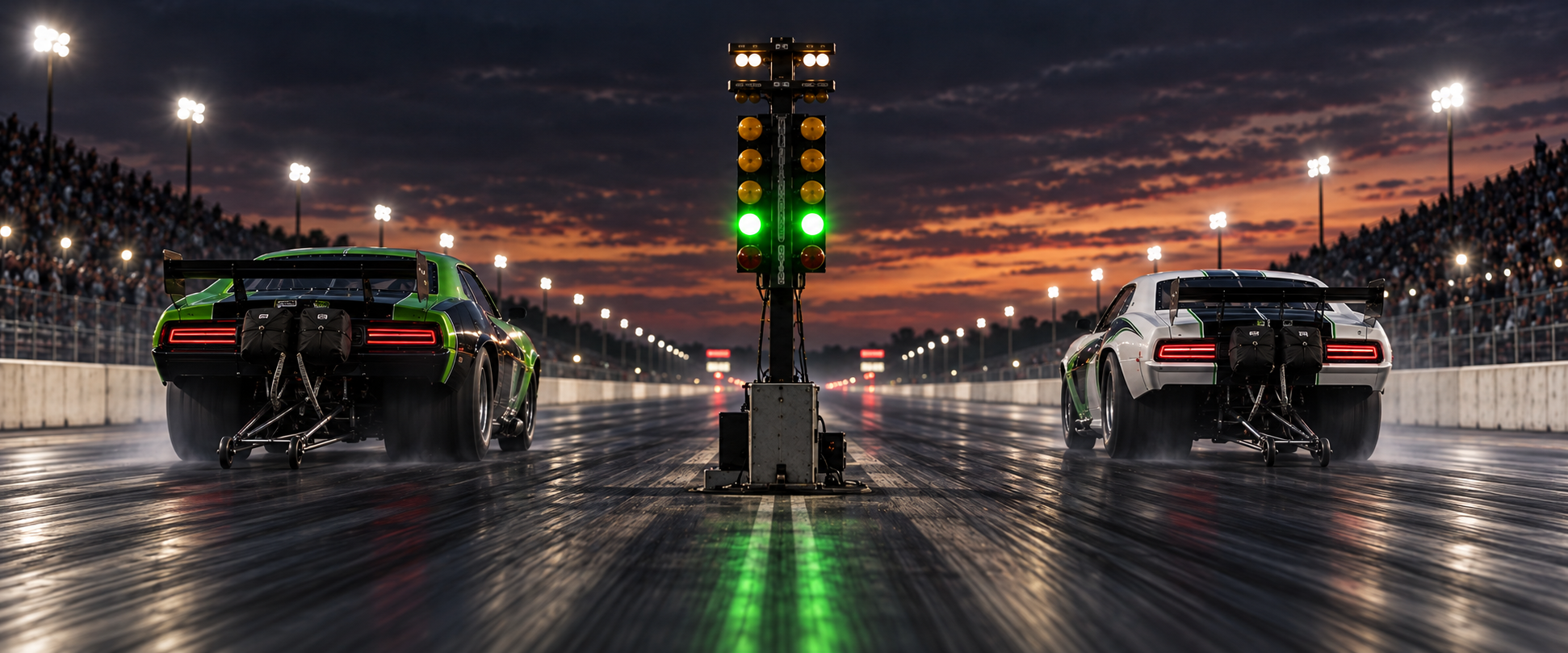 Two drag cars launch beside a Christmas tree with green lights