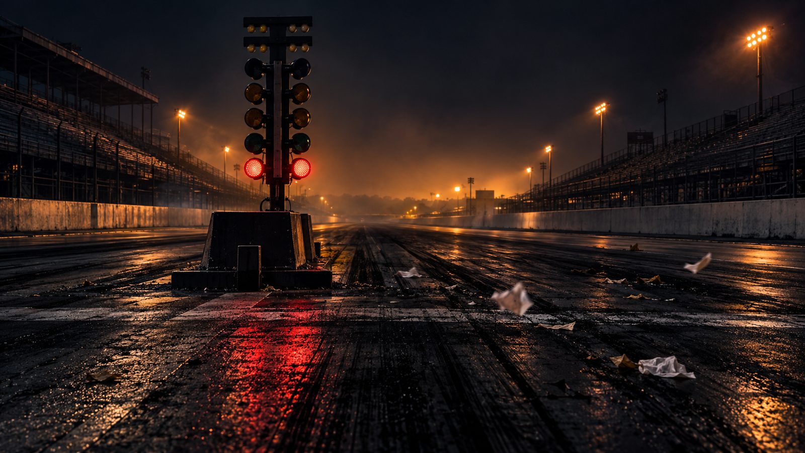Empty drag strip at night with the starting tree lit red